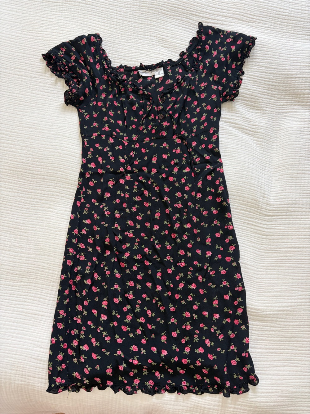 Girls Black Floral Smocked Dress with Pink Rose Print